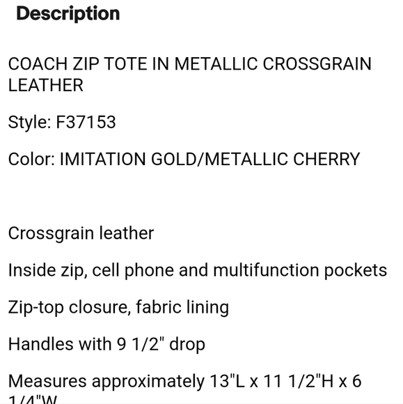 Coach Metallic Cherry City Leather Tote Bag Guc - Picture 10 of 10